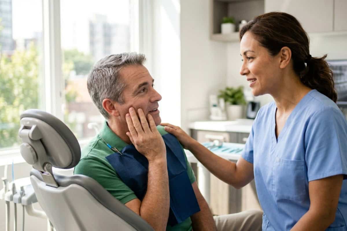 Healthcare professional in blue scrubs comforts an older man sitting in a dental chair, placing a hand on his shoulder.