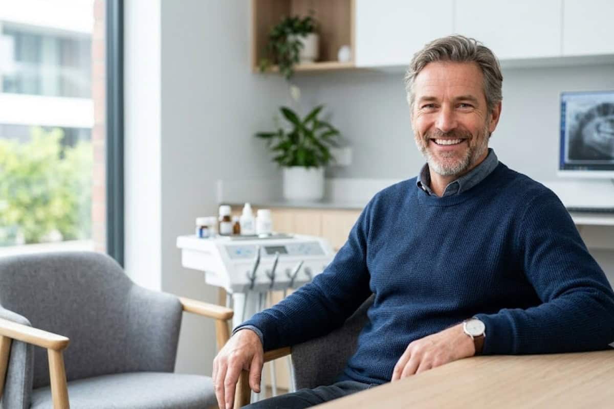 Smiling middle-aged man in a navy sweater sitting at a wooden table in a bright, modern clinic waiting area with plants visible in the background.