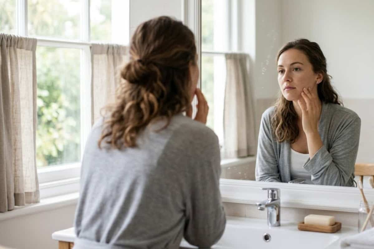 Woman in a gray cardigan looks at her reflection in a bathroom mirror, resting her hand on her cheek.